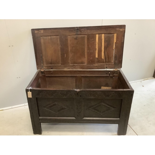 80 - A 17th century oak coffer carved with initials A and C, width 110cm, depth 51cm, height 63cm