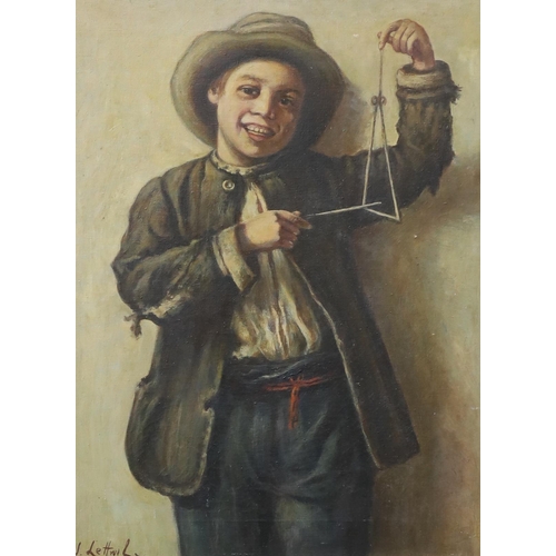 800 - Jeremy Lettwill (b.1912), oil on canvas, Boy playing a triangle, signed, 50 x 40cm