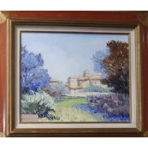 803 - Gordes, oil on canvas, Italian landscape, signed verso, 32 x 40cm