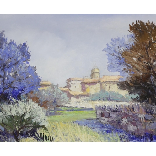 803 - Gordes, oil on canvas, Italian landscape, signed verso, 32 x 40cm