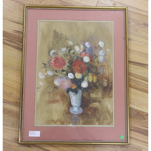 804 - Diana Lowenstein, watercolour and pastel, 'Vase with flowers 1959', Upper Grosvenor Galleries label ... 