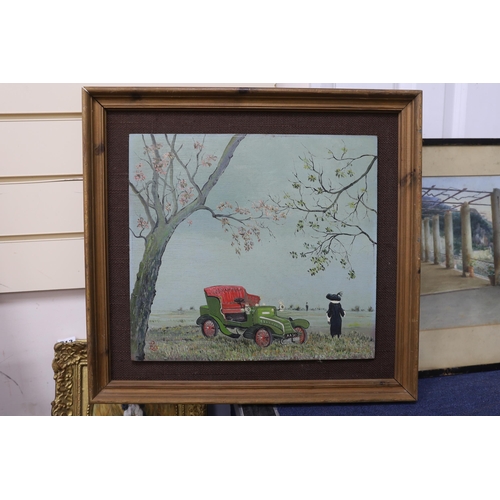 817 - Early 20th century English School, oil on board, Classic car and Art Deco figures, monogrammed BLO, ... 