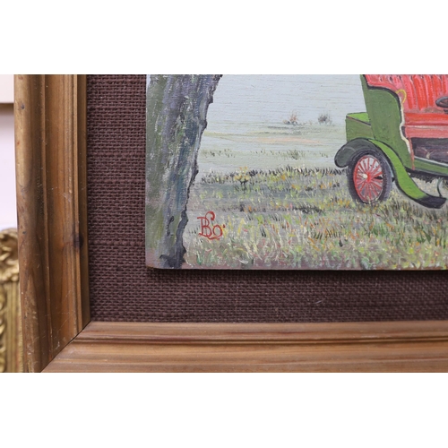 817 - Early 20th century English School, oil on board, Classic car and Art Deco figures, monogrammed BLO, ... 