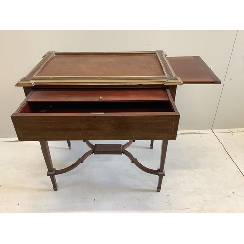 83 - A 19th century French Empire mahogany writing table with gilt brass inlay, frieze drawer with fitted... 