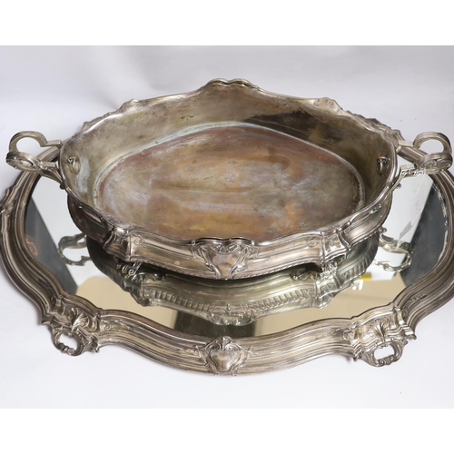 843 - A large ornate Belgian? 800 standard white metal two handled oval centrepiece, 53cm, 46.1oz,  with a... 