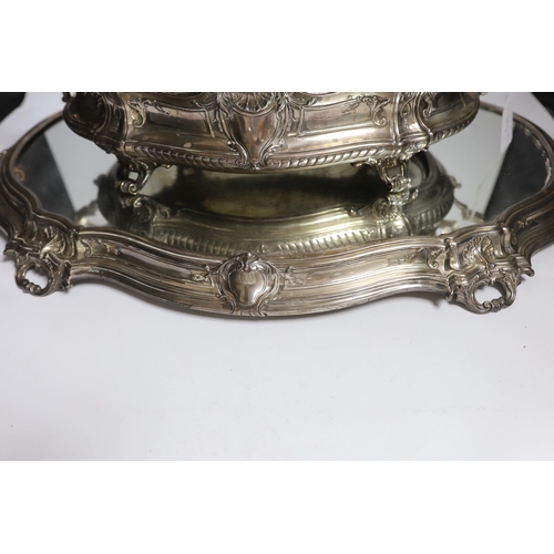 843 - A large ornate Belgian? 800 standard white metal two handled oval centrepiece, 53cm, 46.1oz,  with a... 