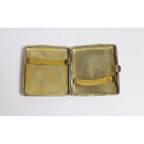 847 - A late 19th/early 20th century Chinese Export white metal cigarette case, by Tuck Chang?, with yello... 