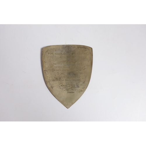 848 - A modern silver shield plaque, engraved 'For God and The Empire. This shield honours membership in T... 