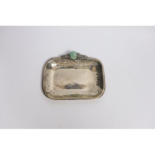 849 - A Chinese white metal and bowenite jade mounted dish, 14.7cm, gross 3.7oz.