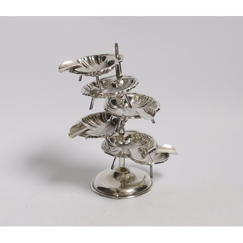 850 - A Mexican 925 sterling ashtray stand, with six detachable shell shaped 925 sterling ashtrays, overal... 