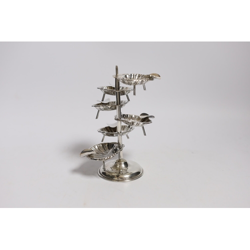 850 - A Mexican 925 sterling ashtray stand, with six detachable shell shaped 925 sterling ashtrays, overal... 