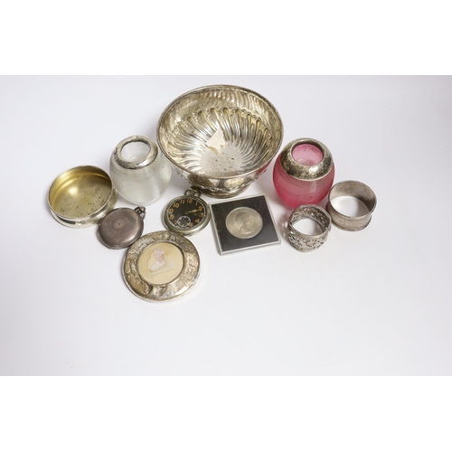 856 - A collection of small silver, to include two mounted glass match strikes, one with cranberry glass, ... 