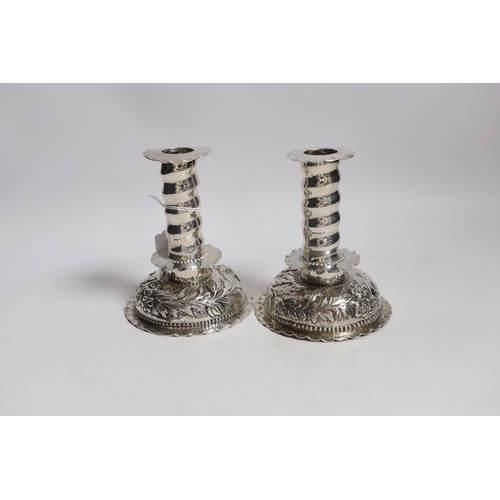 859 - A matched pair of Carolean style silver dwarf candlesticks, London, 1880 & 1885, makers mark on one ... 