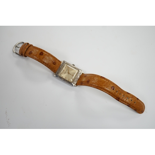 901 - A German sterling manual wind dress wrist watch, retailed by Tiffany & Co, with baton and quarterly ... 