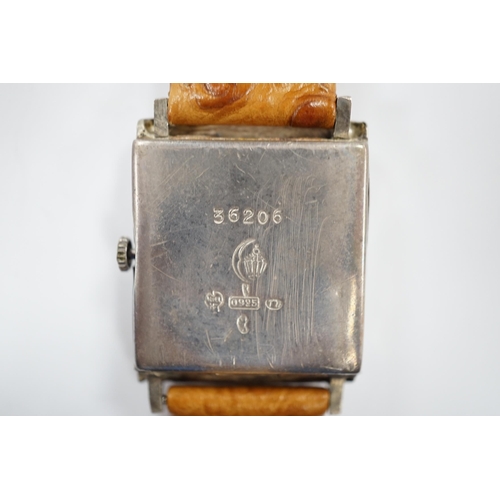 901 - A German sterling manual wind dress wrist watch, retailed by Tiffany & Co, with baton and quarterly ... 