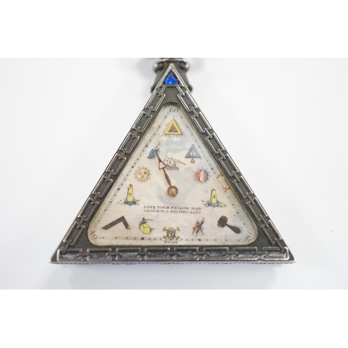 904 - A 1920's Swiss silver triangular Masonic timepiece, with mother of pearl dial, import marks for Geor... 