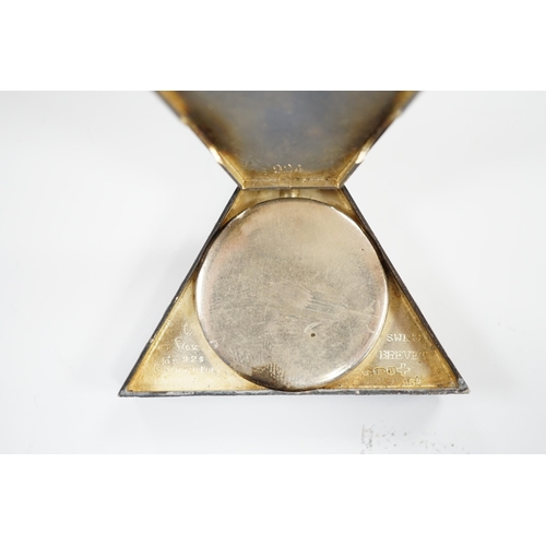 904 - A 1920's Swiss silver triangular Masonic timepiece, with mother of pearl dial, import marks for Geor... 