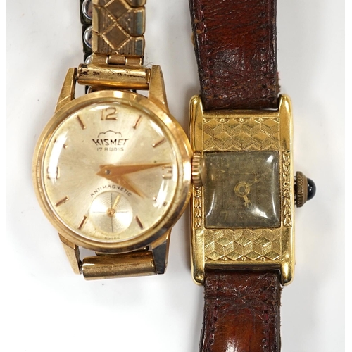 905 - Two 18k cased lady's manual wind wrist watches, including Kismet, on gold plated or leather bracelet... 