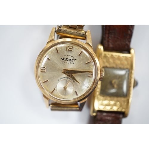 905 - Two 18k cased lady's manual wind wrist watches, including Kismet, on gold plated or leather bracelet... 