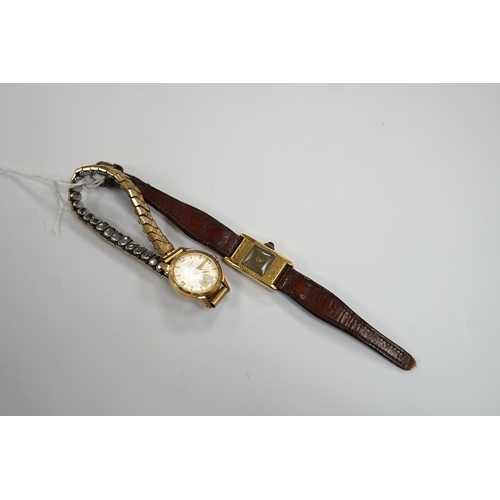 905 - Two 18k cased lady's manual wind wrist watches, including Kismet, on gold plated or leather bracelet... 