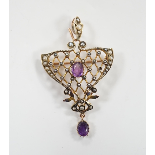 907 - An Edwardian Art Nouveau 9ct, amethyst and seed pearl set drop pendant, 50mm, gross weight 5.2 grams... 