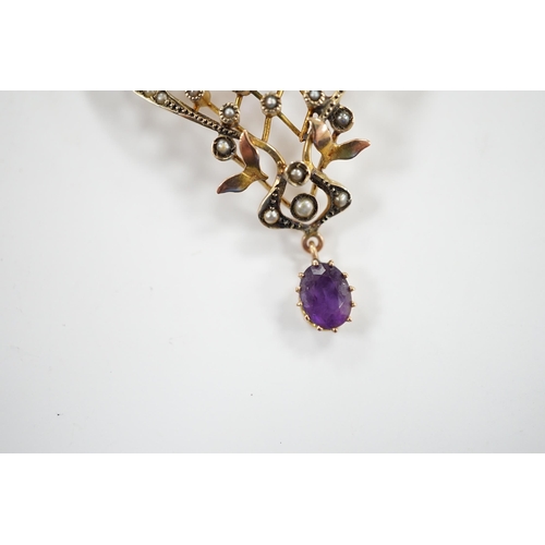 907 - An Edwardian Art Nouveau 9ct, amethyst and seed pearl set drop pendant, 50mm, gross weight 5.2 grams... 