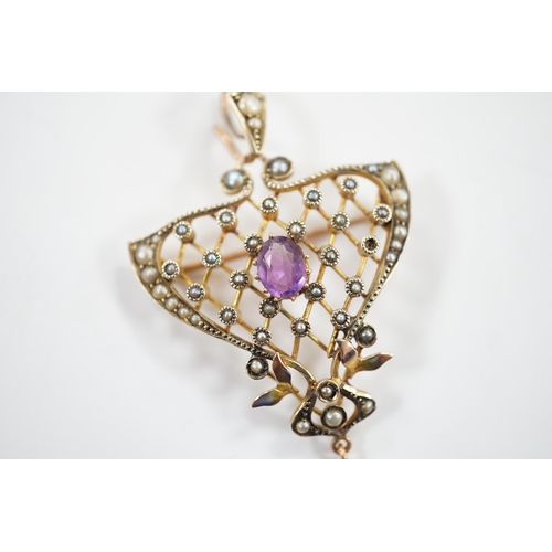 907 - An Edwardian Art Nouveau 9ct, amethyst and seed pearl set drop pendant, 50mm, gross weight 5.2 grams... 