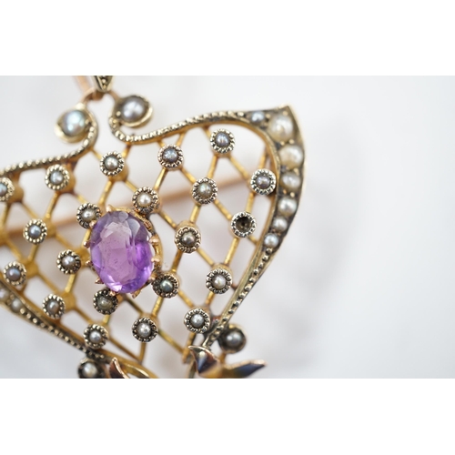 907 - An Edwardian Art Nouveau 9ct, amethyst and seed pearl set drop pendant, 50mm, gross weight 5.2 grams... 