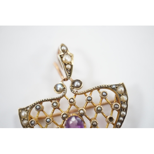 907 - An Edwardian Art Nouveau 9ct, amethyst and seed pearl set drop pendant, 50mm, gross weight 5.2 grams... 