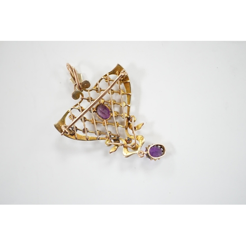 907 - An Edwardian Art Nouveau 9ct, amethyst and seed pearl set drop pendant, 50mm, gross weight 5.2 grams... 