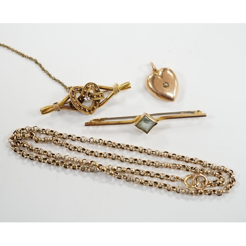 908 - A 9ct chain, 42cm, a 15ct and diamond set heart shaped bar brooch, a 9ct and gem set bar brooch and ... 