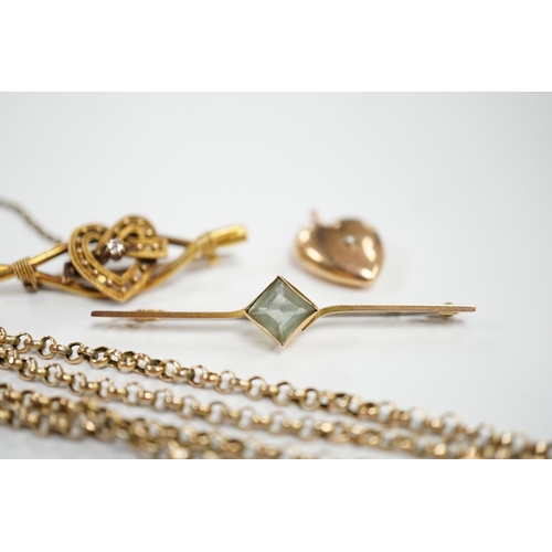 908 - A 9ct chain, 42cm, a 15ct and diamond set heart shaped bar brooch, a 9ct and gem set bar brooch and ... 