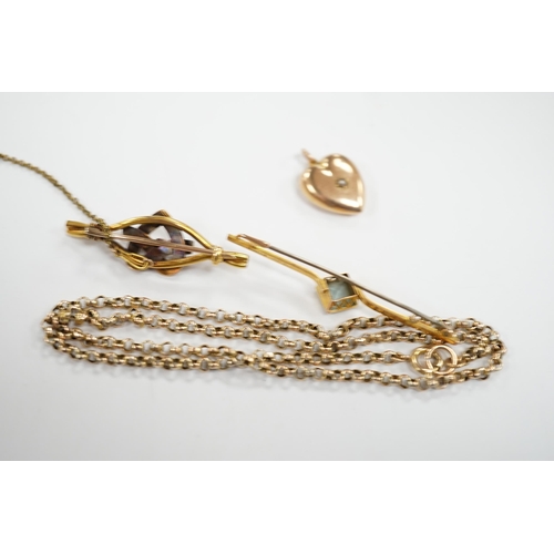 908 - A 9ct chain, 42cm, a 15ct and diamond set heart shaped bar brooch, a 9ct and gem set bar brooch and ... 