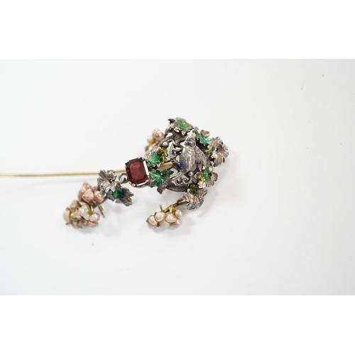 912 - A 19th century Austro-Hungarian white metal garnet, enamel and seed baroque pearl set stick pin (ada... 