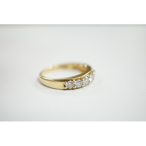 918 - A modern 18ct gold and seven stone diamond set half hoop ring, size N, gross weight 4 grams.