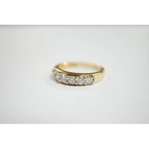 918 - A modern 18ct gold and seven stone diamond set half hoop ring, size N, gross weight 4 grams.