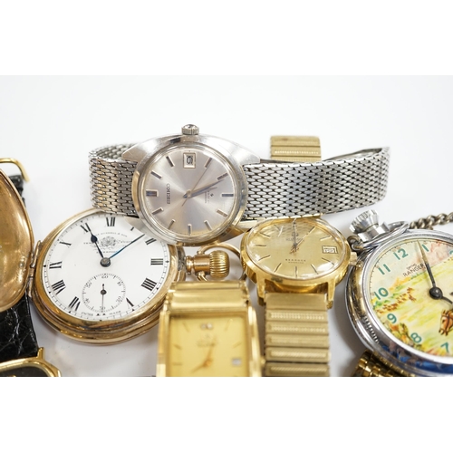 926 - A small group of assorted wrist and pocket watches including a gold plated hunter and a Roamer Searo... 