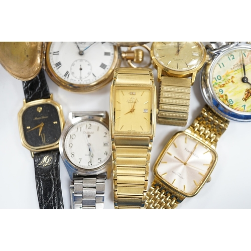 926 - A small group of assorted wrist and pocket watches including a gold plated hunter and a Roamer Searo... 