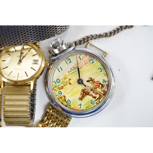 926 - A small group of assorted wrist and pocket watches including a gold plated hunter and a Roamer Searo... 