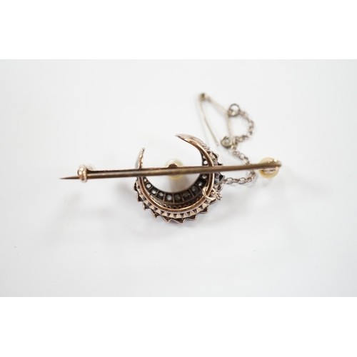 927 - A Victorian yellow  and white metal, diamond and pearl set crescent bar brooch, 44mm, gross weight 6... 