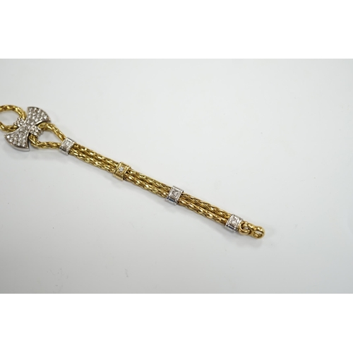 931 - A modern 750 yellow metal and diamond cluster set bracelet, 21.5cm, gross weight 33.9 grams.