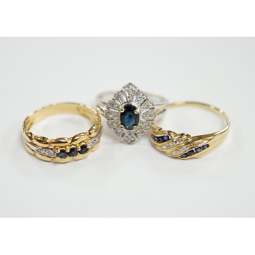 936 - Three assorted 18k, sapphire and diamond chip set rings, including one French ring, gross weight 8.6... 