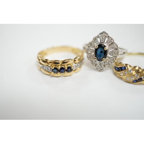 936 - Three assorted 18k, sapphire and diamond chip set rings, including one French ring, gross weight 8.6... 