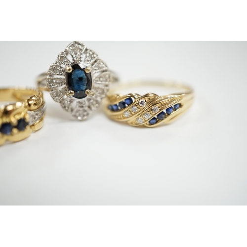 936 - Three assorted 18k, sapphire and diamond chip set rings, including one French ring, gross weight 8.6... 