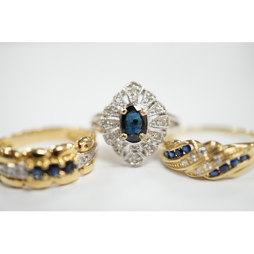 936 - Three assorted 18k, sapphire and diamond chip set rings, including one French ring, gross weight 8.6... 