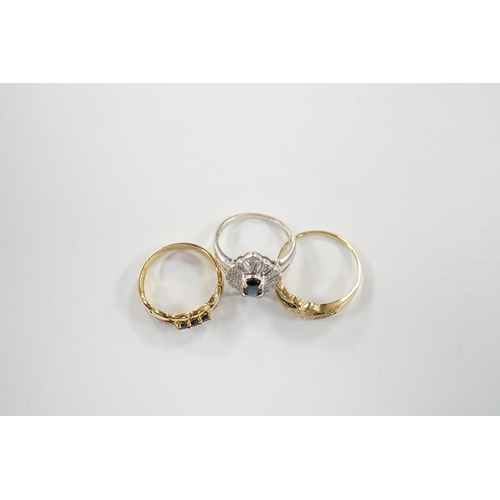 936 - Three assorted 18k, sapphire and diamond chip set rings, including one French ring, gross weight 8.6... 