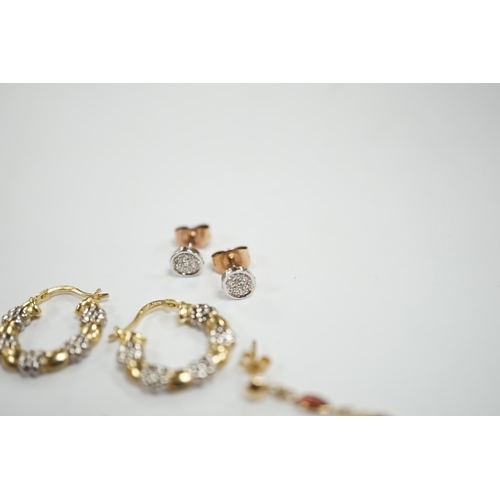 937 - A pair of French 18k and cultured pearl drop earrings, 45mm and three other pairs to include 14k and... 