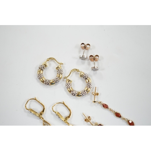 937 - A pair of French 18k and cultured pearl drop earrings, 45mm and three other pairs to include 14k and... 