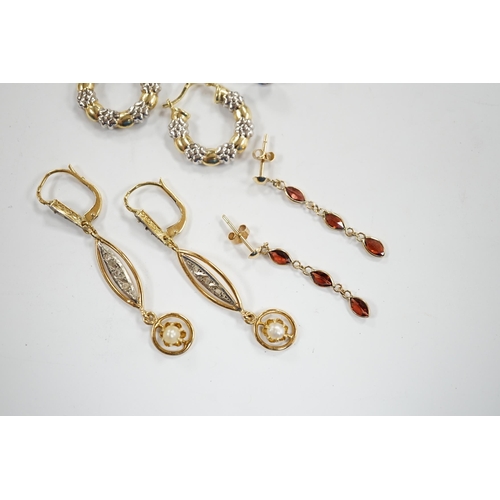 937 - A pair of French 18k and cultured pearl drop earrings, 45mm and three other pairs to include 14k and... 