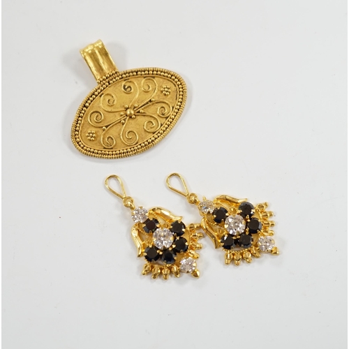 940 - A pair of Middle Eastern two colour sapphire? cluster set drop earrings, the fittings stamped 916, t... 